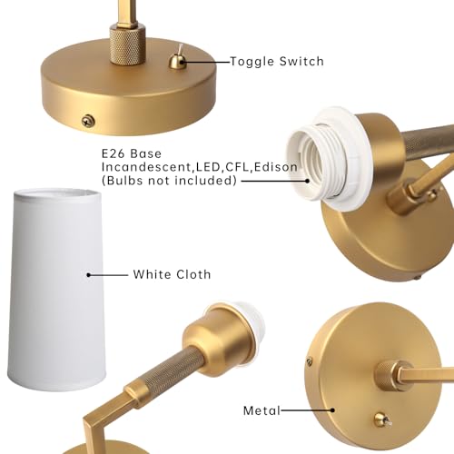 Image of Brass Wall Sconces Set of Two, Hardwired White Fabric Shade Wall Lamps, Bathroom Vanity Lights Fixture with Switch, Indoor Wall Lights for Bedroom Living Room Corridor