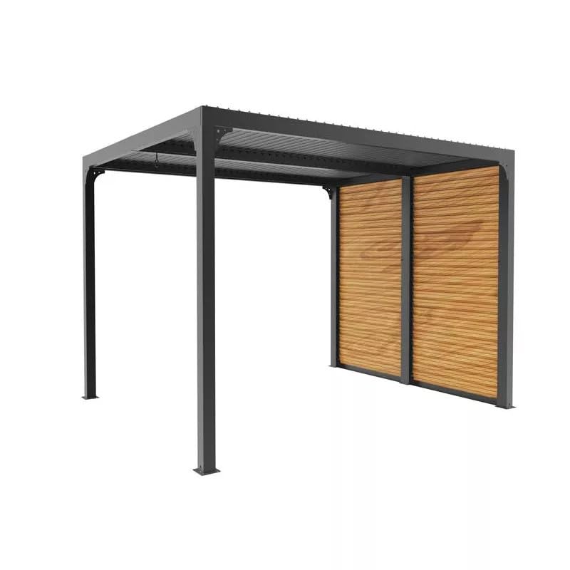 Pergola bioclimatique Habrita Foresta PER2430VBBI Aluminium 7,2m2 Gris Anthracite avec ventelles latérales Mobiles Imitation Bois pour côté 3m