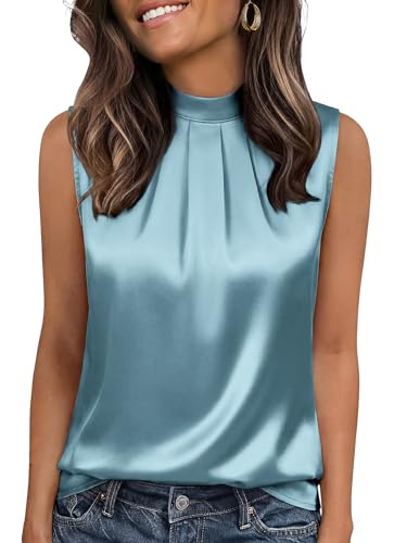 Image of Funlingo Women's Silk Satin Tank Tops Mock Neck Camisole Dressy Sleeveless Blouse Business Casual Pleated Summer Shirts 2026