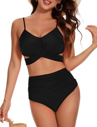 Evolyline Bikini Damen Set Bauchweg V Ausschnitt Wickeloptik High Waist Bademode Blumenmuster Cross Back Sexy Zweiteiliger Badeanzug Swimsuit