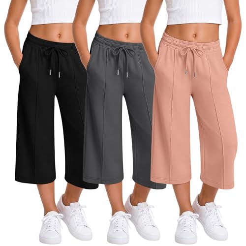 LessonZoo 3 Pack Girls Capri Pants Wide Leg Elastic Waist Drawstring Capris with Side Pockets Casual Trousers 5-14 Years(Coral Pink Dark Gray Black 11-12 Years)