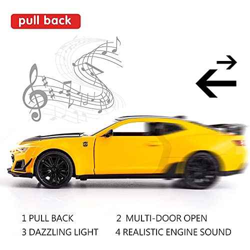 Image of DEUSON ECOM 1:32 Camro Toy Car for Kids Diecast Metal Cars Model Car for Kids Sound Light Pull Back Openable Door, Yellow