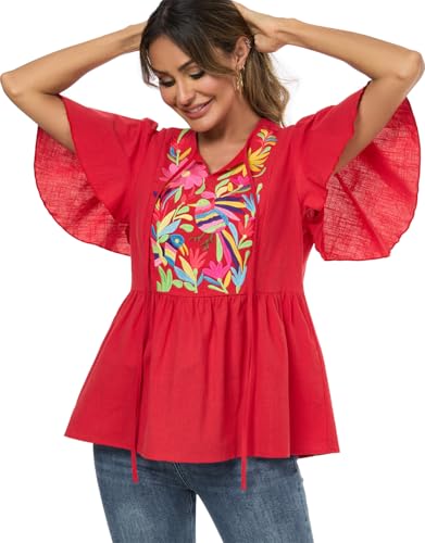 Image of Mexican Shirts Peasant Blouses for Women Cotton Embroidered Blouses Fiesta Summer Bohemian Shirts 3 /4 Sleeves