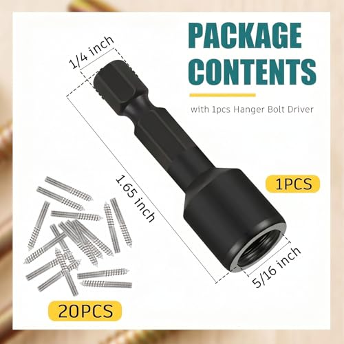 Image of Hicarer 20 Pack 5 /16-18 x 2 Inch Hanger Bolts Double Headed Bolts with Driver Self Tapping Screw Threaded Rod Screws for Furniture Double Headed for Wood Furniture Joint, Silver