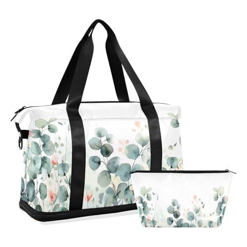 Watercolor Leaf Gym Bag for Women Sport Travel Duffel Bag Shoulder Weekender Overnight Bags with Wet Pocket & Shoe Compartment