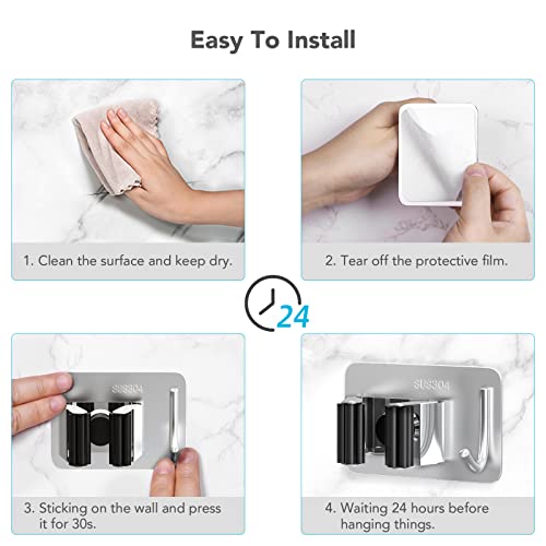 Image of homeasy Mop Broom Holder No Drill, Mop Broom Organizer Wall Mounted Heavy Duty with Hooks Hanger, Self Adhesive Stainless Steel 4Pcs for Bathroom, Kitchen, Office (Multicolor)