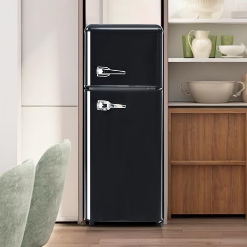 LULUWA Réfrigérateur Rétro, Réfrigérateur Combiné à Double Porte avec Éclairage LED H 105.5cm L 41cm92 Litre Volume Total 28 Litre Volume du Congélateur 116 kWh/an -27°C ~13°C (Noir)