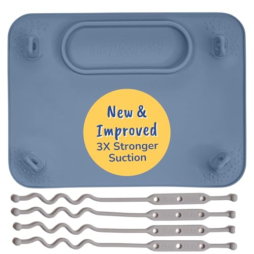 Image of BUSY BABY Silicone Mat - New and Improved Suction Cups, 4 Straps to Secure Baby Essentials, Self Feeding, Baby Led Weaning, Travel Sleeve Included (Pewter)