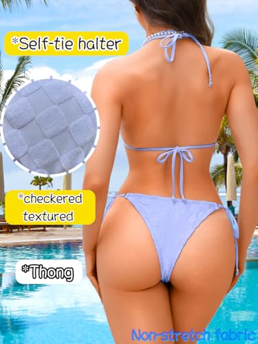 Kaei&Shi Textured String Bikinis,High Cut Thong Bikini Sets for Women,2 Piece Sexy Swimsuit Beach Tanning3