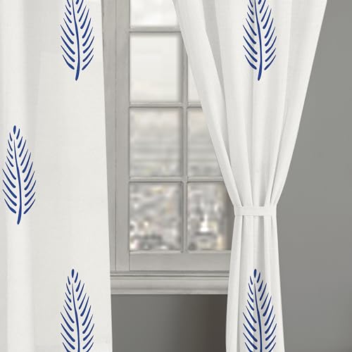 Image of Linenwalas Cotton Printed Curtains 6 Feet Long Set Of 2, Curtain For Windows Home Decor Items For Living Room Bedroom, Semi Sheer Drapes With Back Loop Hangings (6 Ft Length, Blue Leaf) - Back Tab