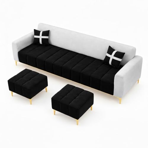 Image of Melody 3 Seater Modular L Shape Sofa Set with 2 Ottoman | Soft Velvet Upholstery, Sturdy Wooden Frame | Modern Sofa for Living Room, Hall & Office Spaces (Black-Light Grey)