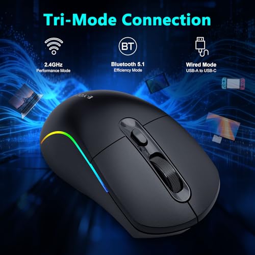 Image of E-YOOSO Wireless Gaming Mouse, 10,000 DPI, Tri-Mode 2.4Ghz /Bluetooth /USB-C Wired, RGB Backlit, 6 Programmable Buttons, Ergonomic Rechargeable Gamer Mice with PC, Mac, PS, Xbox - Black