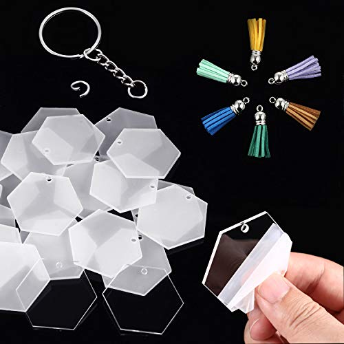 24 Pieces Christmas Acrylic Transparent Hexagon Discs Clear Acrylic Discs with 24 Pieces Key Chains and 24 Pieces Silver Tassel Pendant Keyring for DIY Projects and Crafts