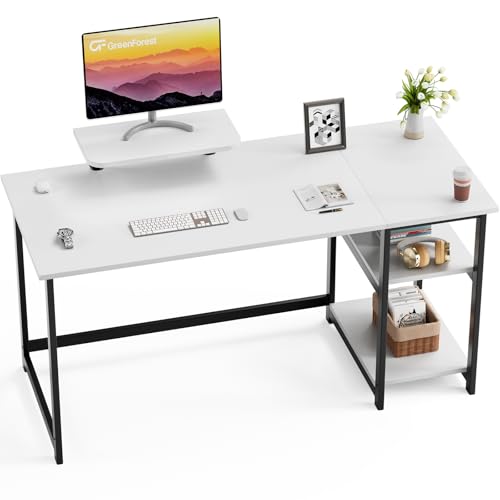 GreenForest Computertisch mit Monitorständer, 140 cm Bürotisch mit umkehrbaren Ablagefächern, Schreibtisch für Zuhause und Schlafzimmer, weiß