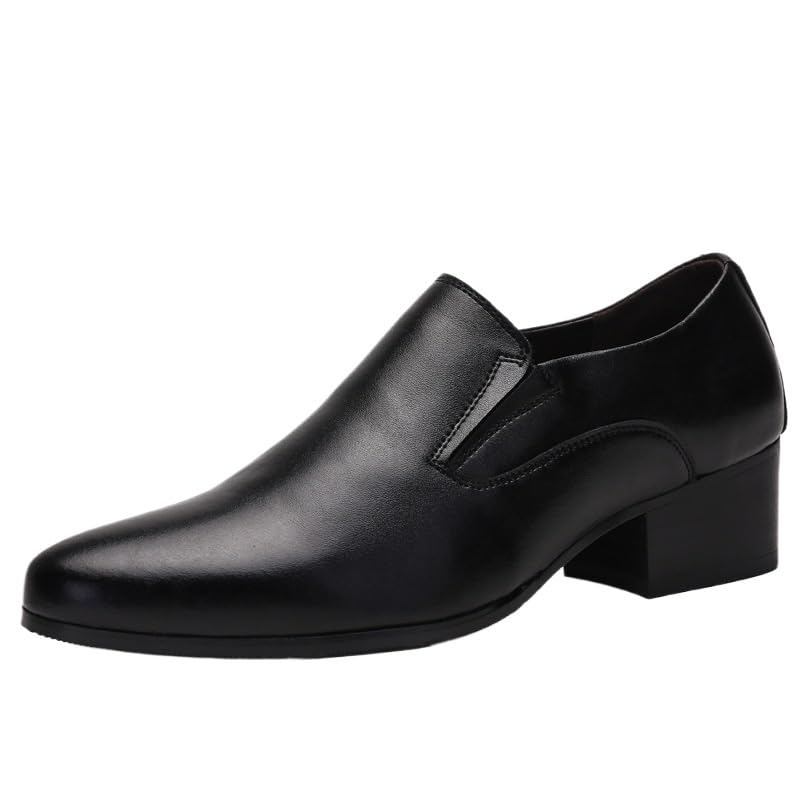 Battle Men Men's Leather Slip-On Dress Shoes with Pointed Toe, Chunky Heel, 2-Inch Elevator Shoes for Business or Wedding Events