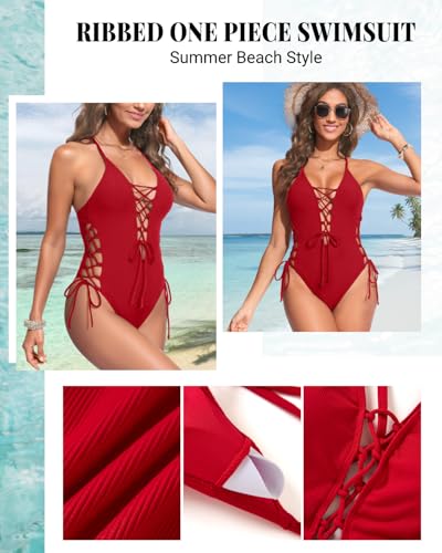 Image of Tempt Me Women Sexy Lace Up One Piece Swimsuit Deep Plunge V Neck High Cut Bathing Suits