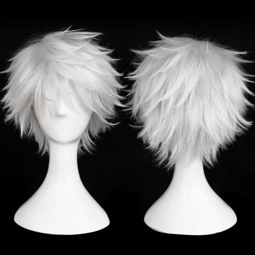 BESTBEL Short White Wig for Men White Cosplay Wigs Light Silver Anime Wig