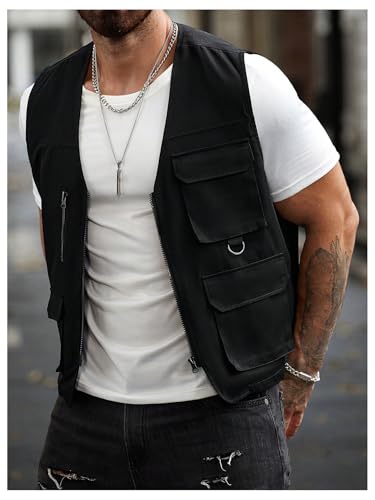 GORGLITTER Men's Sleeveless Zip Up Jacket Lightweight Flap Pocket Cargo Outerwear Vest2