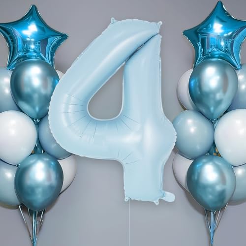 Image of Light Blue Number 4 Balloon, 40 Inch Big Large Foil Number Balloons, Giant Mylar Number 4 Balloons for 4 Year old Birthday Baby Party Decorations Supplies Anniversary