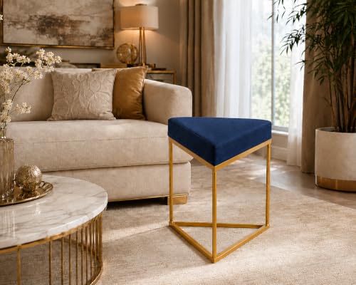 Image of Modern Velvet Triangular Vanity Stool with Gold Metal Frame | Upholstered Makeup Chair for Dressing Table | Accent Seating for Bedroom, Living Room & Home Decor-Navy Blue