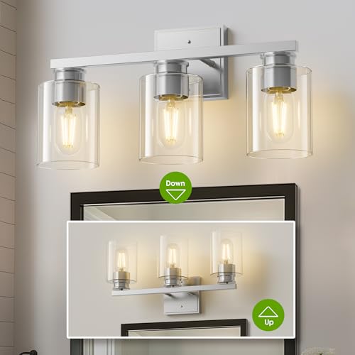 Image of L LOHAS LED 3-Light Bathroom Light Fixtures Over Mirror, 17.7-Inch Nickel Bathroom Vanity Light with Clear Glass Shade, Modern Vanity Lights for Bathroom Hallway Living Room Bedroom, E26, UL Listed
