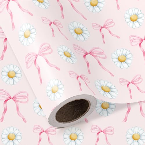 RUSPEPA Rollo De Papel De Regalo Con Lazo Rosa - Mini Rollo - 43,2 Cm X 5 M - Papel De Regalo Con Lazo De Cinta Rosa Y Margaritas Para Cumpleaños De Niña, San Valentín, Despedida De Soltera