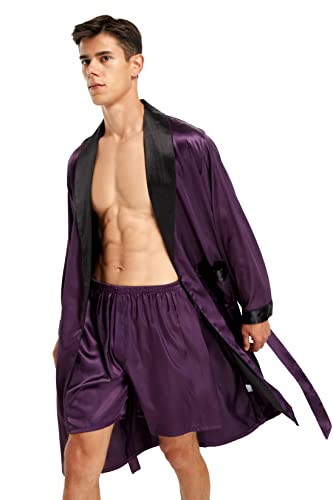 Image of TONY AND CANDICE Men's Satin Robe Lightweight Long Sleeve Silk Kimono Bathrobe with Shorts Set Sleepwear