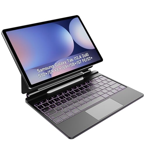 HOU Tastatur hülle für Samsung Galaxy Tab S10+/S9 FE+/S9+/S8+/S7 FE/S7+ (12 4 Zoll) mit Magnetständer Multi-Touch-Trackpad S Pen-Halter 7 Farben 3 Stufen hinterleuchtet-QWERTZ-Deutsch Schwarz