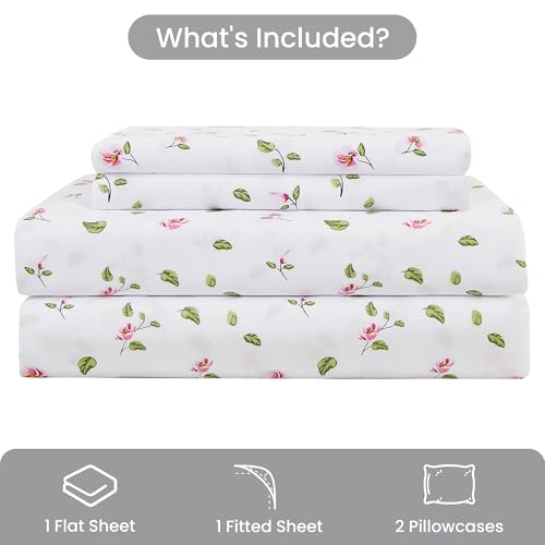 Image of Mooreeke Queen Sheets Set - 4 Pieces Soft Breathable Microfiber Bed Sheet Set - Pink Flower Green Leaf Pattern Sheet Set - Deep Pocket Non-Slip Floral Printed Fitted Sheet Included for All Season