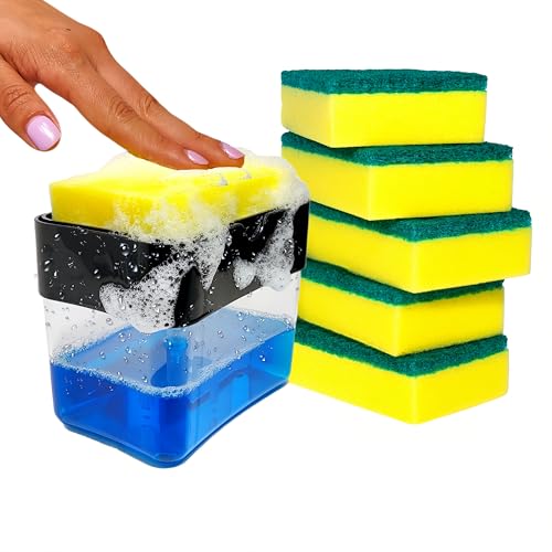 LUXHUR - Jabonera Cocina 2 En 1, Dosificador Jabon Cocina con Capacidad De 500 Ml, Base Antideslizante Y 5 Estropajo Cocina Incluidas – Organizador Fregadero Eficiente Y Ahorra Jabón