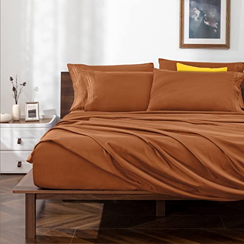 Image of Horbaunal Caramel Pumpkin King Size Sheet Set - 6 Piece Luxury 1800 Thread Count Bedding Sheets & Pillowcases - 16 Inch Deep Pocket Microfiber Bedding Set - Soft & Wrinkle Bed Sheets