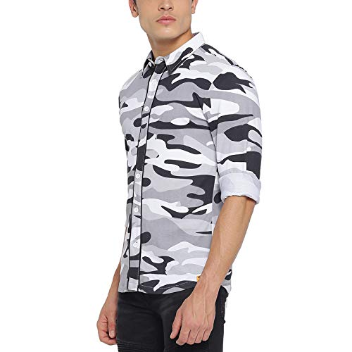 Image of CAHOOT Men White Grey Contrast Sleeve Shirt for Casual Wear Spread Collar Long Button Closure Cotton Crafted with Comfort Fit Everyday
