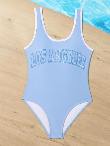 Image of WDIRARA Girl's One-Piece Letter Print Swimsuit Scoop Neck Swimwear Contrast Binding Bathing Suit