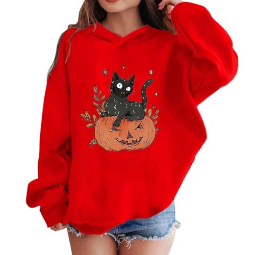 Girl Halloween Hoodies Cute Cat Pumpkin Graphic Long Sleeve Pullover Funny Hooded Fall Holiday Shirts2