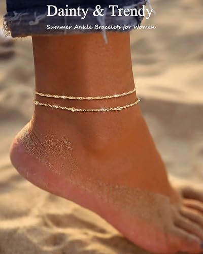 Image of ZHESHY Gold Silver Ankle Bracelets for Women 14K Gold Plated Anklets for Women Waterproof Cuban Link Heart Chain Anklets Set Non Tarnish Dainty Layered Anklet Bracelets for Women Summer Beach Jewelry