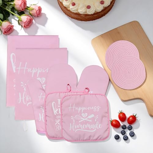 8-Pcs Pink Oven Mitts and Pot Holders Set – Pink Kitchen Accessories, Includes 2 Oven Mitts, 4 Pot Holders, 2 Dish Towels, for Baking, Cooking, Farmhouse, Housewarming, Christmas, Valentine's Day - image 7