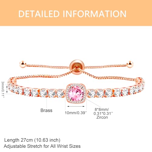 Image of Rose Plated Gold Brass Box Chain Cubic Zirconia Classic Tennis Slider Adjustable Bracelet, Round Big Zircon Charm Give Woman Mom Mother's Day Fashion Crystal Gift