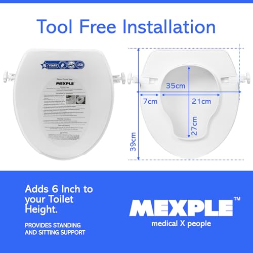 Image of MEXPLE RaiXer6 Raised Toilet Seat Raiser Elevator (6 Inch) (5 Years Warranty) | Plastic Commode Seat Extension | Tool Free Installation | For Handicap, Knee Patients, Old Senior Citizen - White
