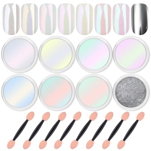 CharmeFleur 8 Tarros de Polvo de Uñas de Cromo Kit de Perlas Blancas Mágicas Efecto Espejo Plata Metálico Holográfico Dip Para Manualidades de Resina y Diseño de Uñas Fimo