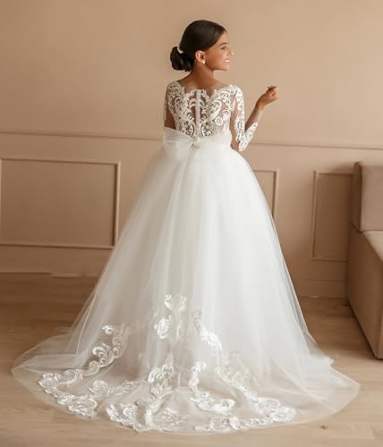 M_RAC Lace Flower Girls Dresses for Wedding Long Sleeve Tulle Princess Party Dress with Train3