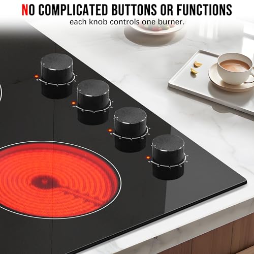 Image of Karinear 24 Inch Electric Cooktop 4 Burners Electric Stove, Knob Control | 6000W High Power Radiant Ceramic Cooktop, Built-in Design, 220-240V Hardwire, No Plug, Overheat Protection(Black Knob)