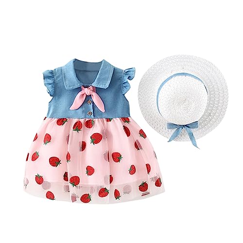 Image of Bold N Elegant Cap Sleeve Denim Embroidered Midi Party Dress Frock with Hat Dress for Infant Toddler Girl Baby Girl