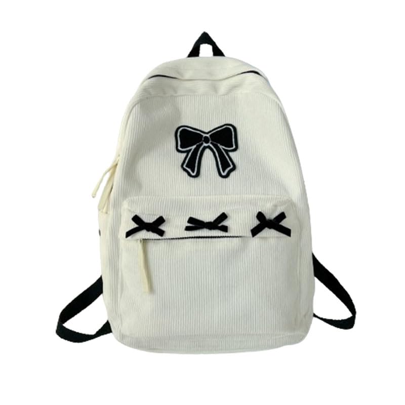 KAOBIO Mochila feminina Preppy Y2k Estética de veludo cotelê Kawaii Mochila para laptop Cute Coquette Bow Harajuku College Daypack, Branco, Moderno