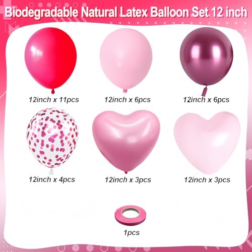 Image of Pink Balloons, 12 Inch Metallic Hot Pink Chrome Magenta Heart Balloons Birthday Party Decorations, Baby Confetti Balloon for Valentines Day Girls Happy Birthday Decoration Princess Party