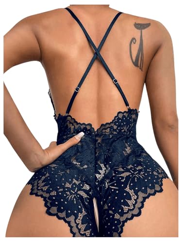 Image of SOLY HUX Women's One Piece Lingerie Sexy Lace Babydoll Deep V Teddy Criss Cross Backless Teddy Mini Bodysuit