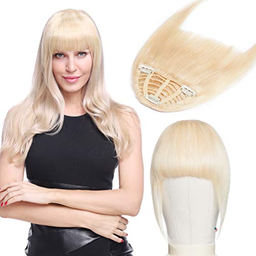 Clip in Bangs Remy Human Hair Extensions for Women One Piece Platinum Blonde #60 Soft Thick Straight Hairpiece with Temple 3 Clips Accessories Full Neat Fringe 7"/18cm