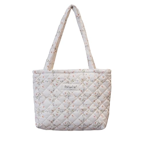 Image of Floral Quilted Cotton Shoulder Bag for Women Daily Use Medium Size Handbag Large Capacity Thickened Design Tote