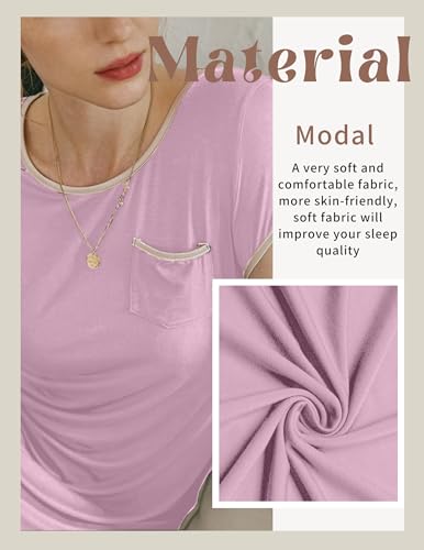 Image of Ekouaer Womens Nightgown Sleep Shirt Dress Satin Patchwork Short Sleeve Sleepwear with Pocket