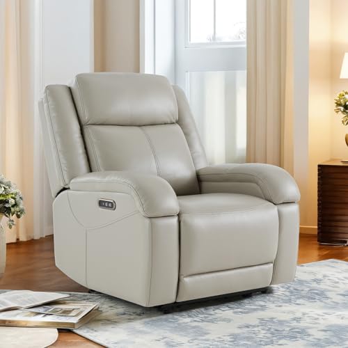 Watson & Whitely Genuine Leather Power Recliner Chairs for Adults, Wall Hugger RV Recliner with Power Headrest & Charging Ports, Electric Recliner Sofa Chair for Living Room, Grey