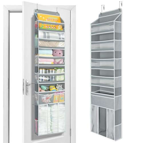 Image of Yecaye 6-Tier Over the Door Organizer with Detachable Bin, Door Hanging Organizer with Clear Windows, Over the Door Storage for Bedroom Closet Nursery Bathroom Pantry Baby Essentials, Grey
